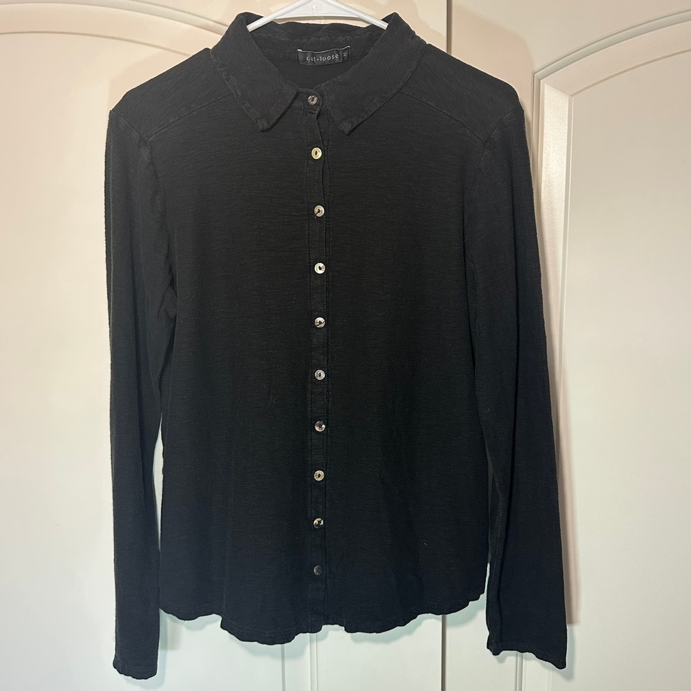 Cut Loose Tunic Shirt Top‎ Black Button Down Linen Cotton Lagenlook Artsy Medium